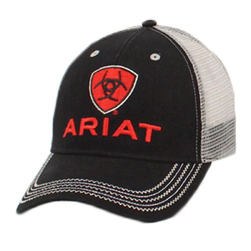 Ariat trucker cap with embroidered logo on structured front panel and mesh back