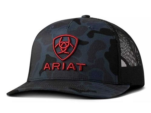 Ariat men's navy camouflage trucker cap with red 3D embroidered logo and black mesh back