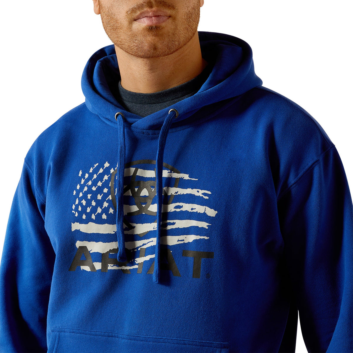 Ariat men's pullover hoodie with distressed American flag and logo graphic on chest