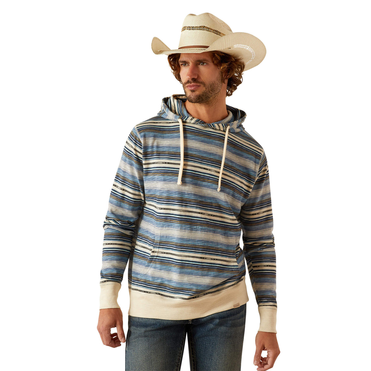 Man wearing a striped pullover hoodie with drawstring and kangaroo pocket, paired with a cowboy hat