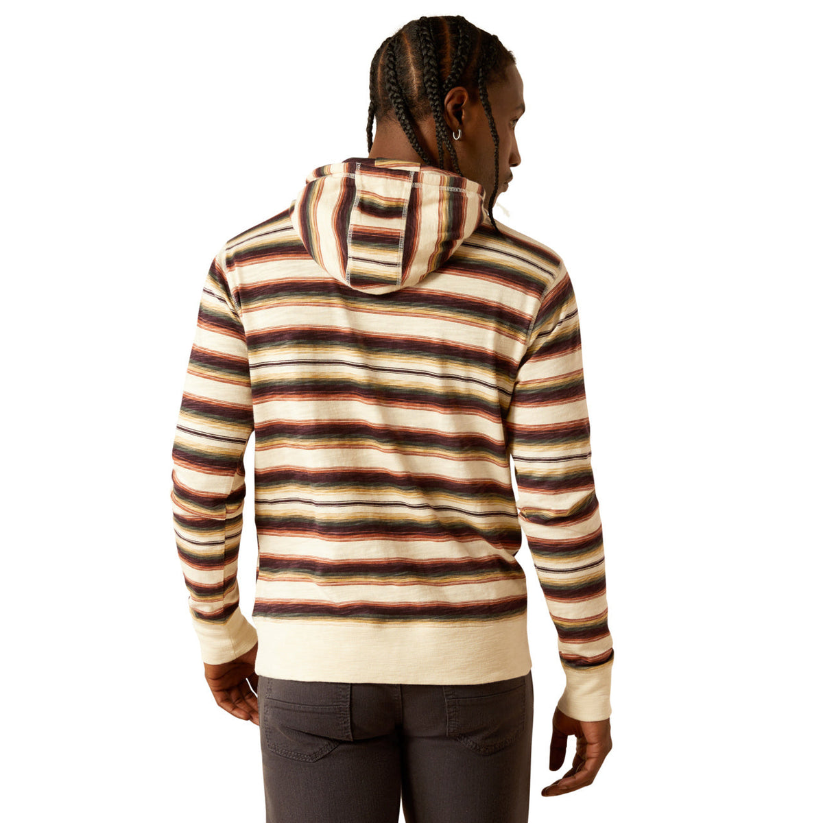Back view of men's lightweight striped hoodie with drawstring hood and long sleeves