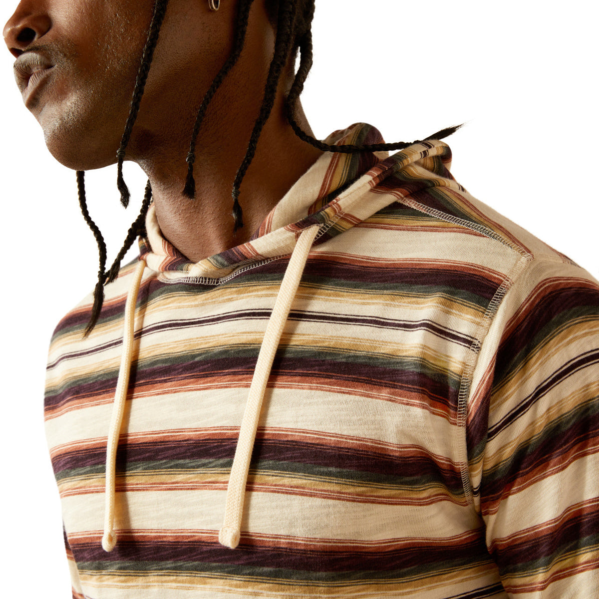 Men's lightweight striped hoodie with drawstring hood shown in close-up detail view