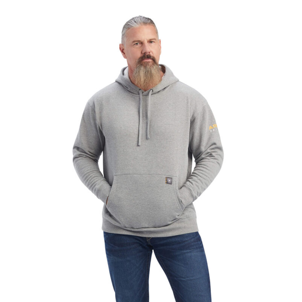 Man wearing Ariat Rebar Workman pullover hoodie with kangaroo pocket and drawstring hood