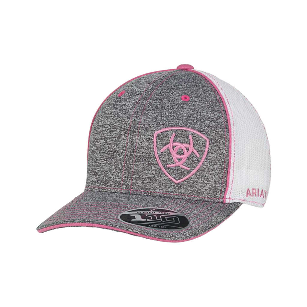 Ariat women's flexfit trucker cap with grey front panel, white mesh back, and pink logo