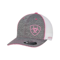 Ariat women's flexfit trucker cap with grey front panel, white mesh back, and pink logo