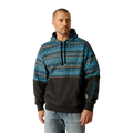 Man wearing Ariat color block hoodie with Aztec print upper and black lower panel