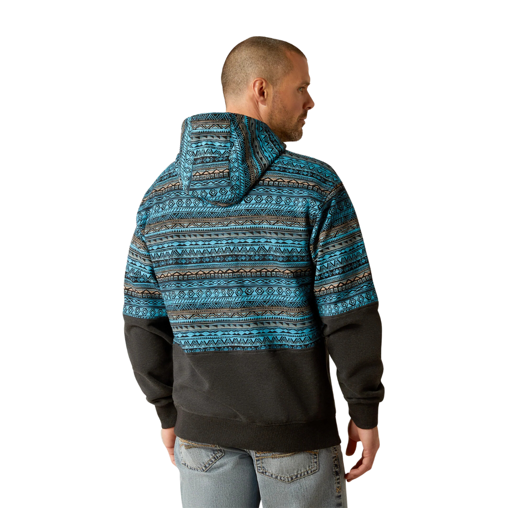 Back view of men's color block hoodie with Aztec print upper and dark lower panel