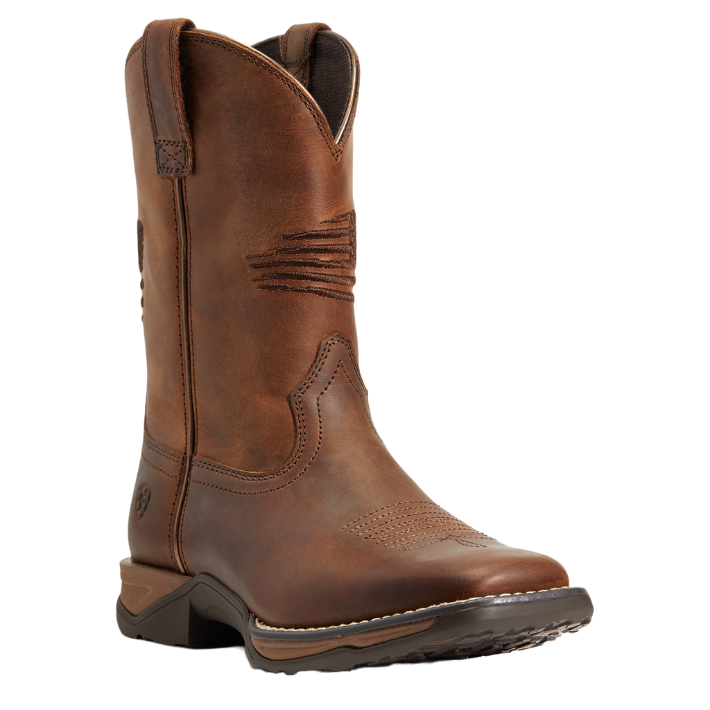 Ariat youth western cowboy boot with square toe and pull-on tabs, side view