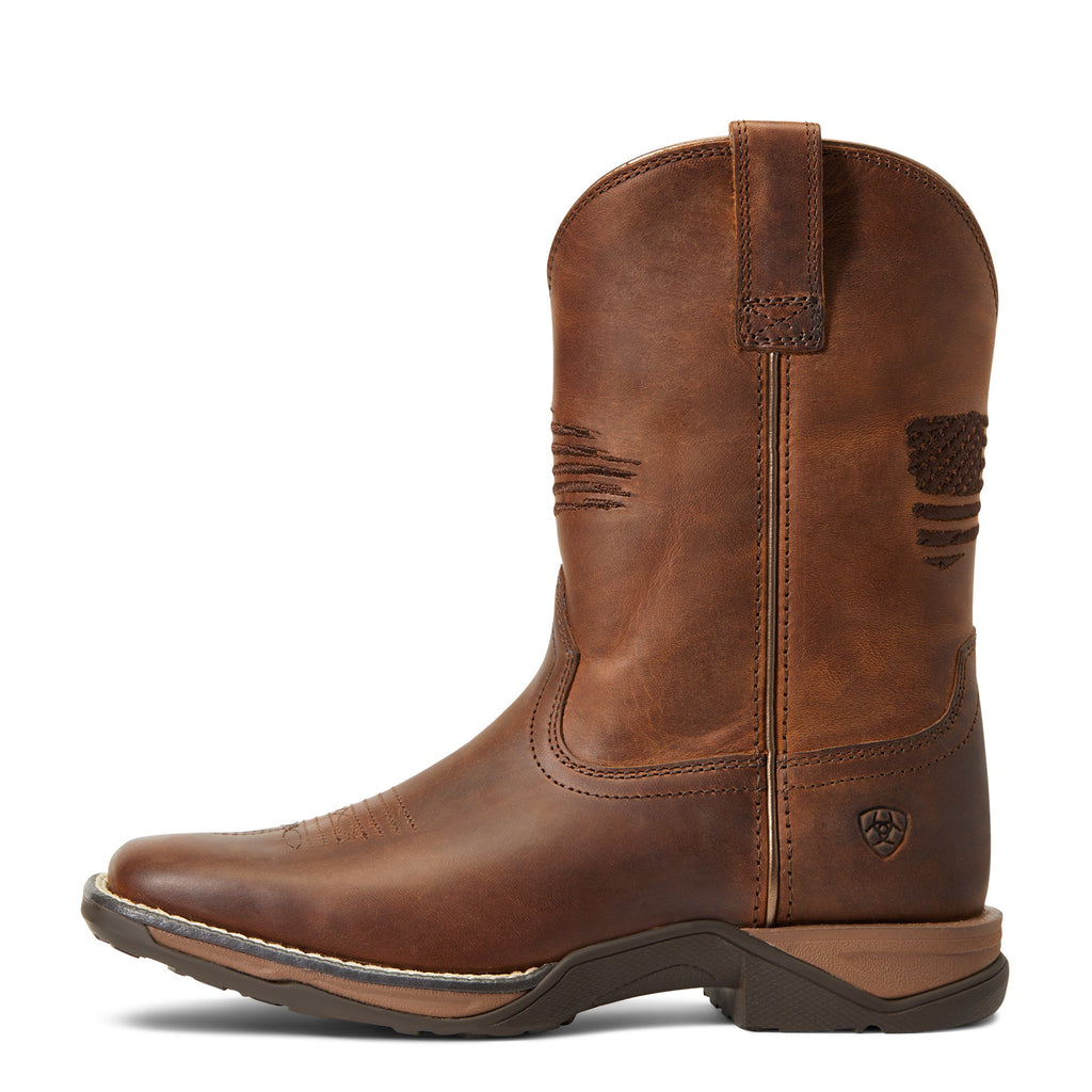 Ariat youth western cowboy boot with American flag embroidery on brown leather shaft