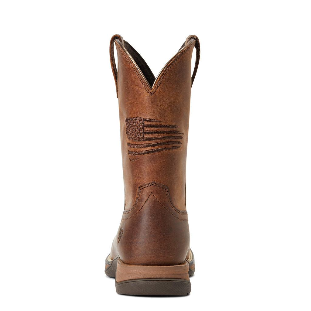 Back view of Ariat youth cowboy boot with embroidered American flag on shaft