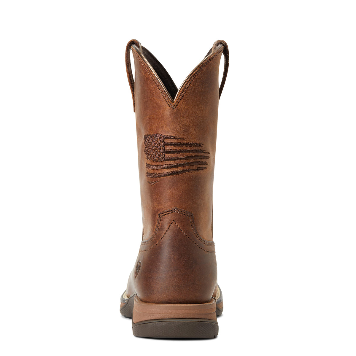 Back view of Ariat youth cowboy boot with embroidered American flag on shaft