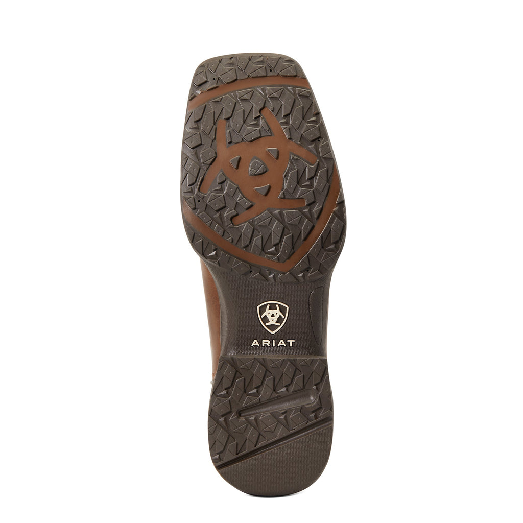 Bottom sole view of Ariat youth western boot showing textured rubber outsole with brand logo