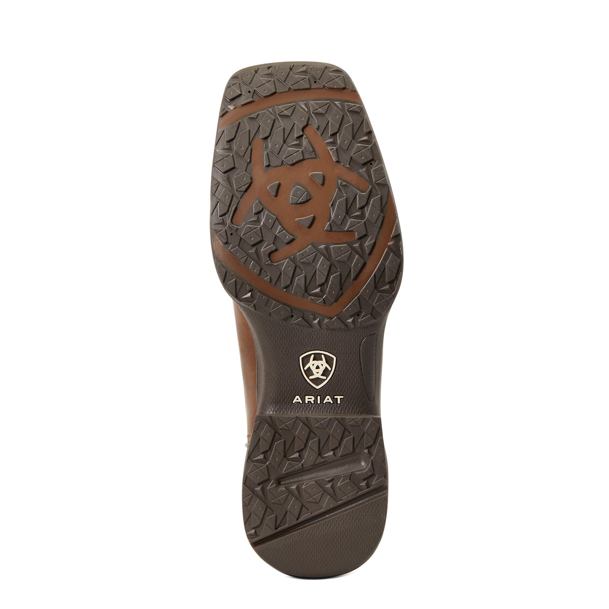 Bottom sole view of Ariat youth western boot showing textured rubber outsole with brand logo