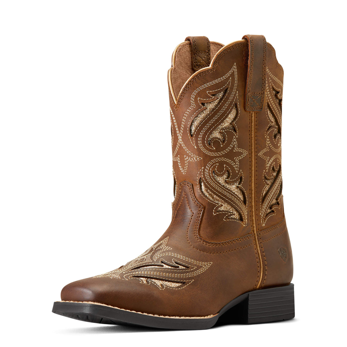 Ariat kids western cowboy boot with intricate embroidery and square toe design