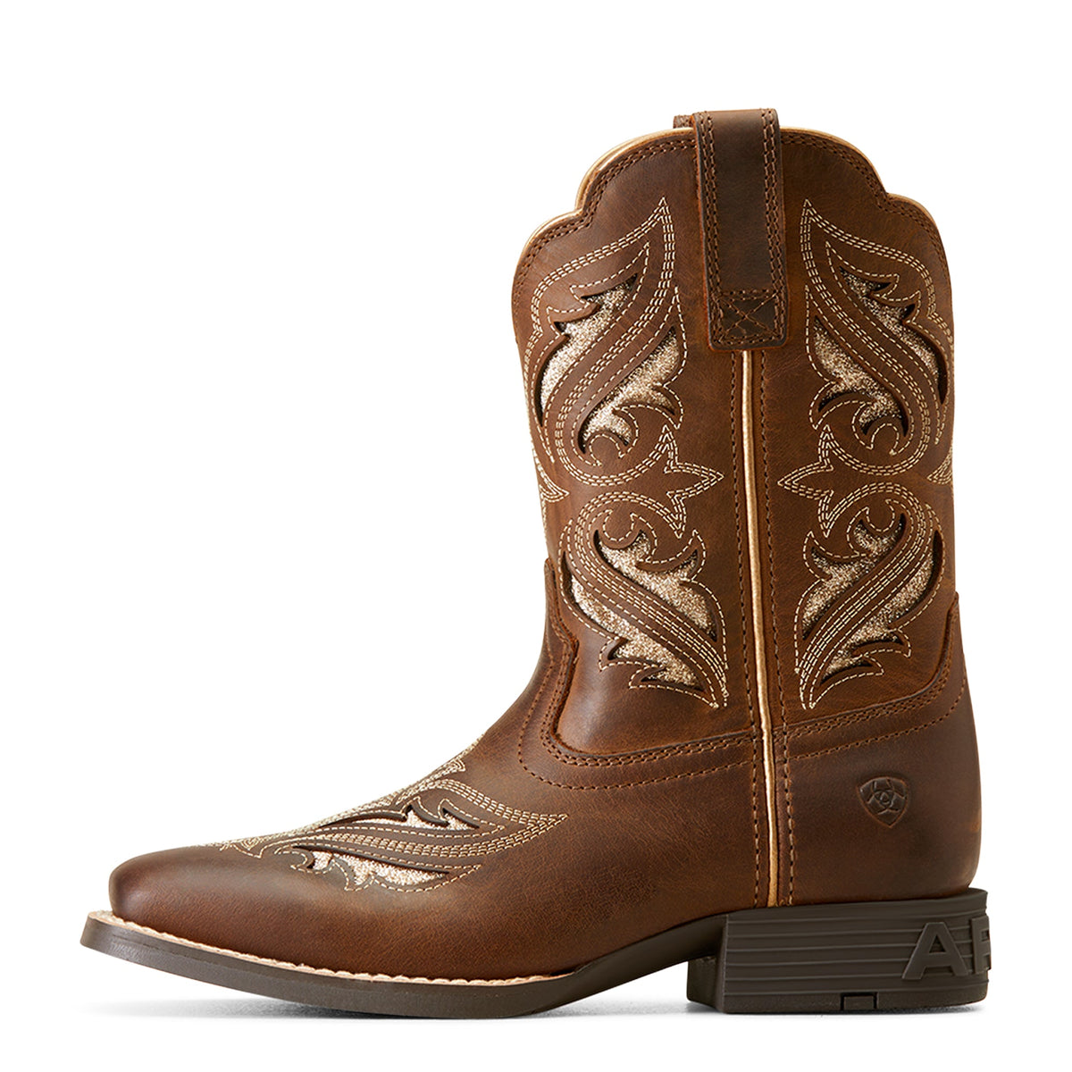 Ariat kids western cowboy boot with decorative stitching and square toe, side view