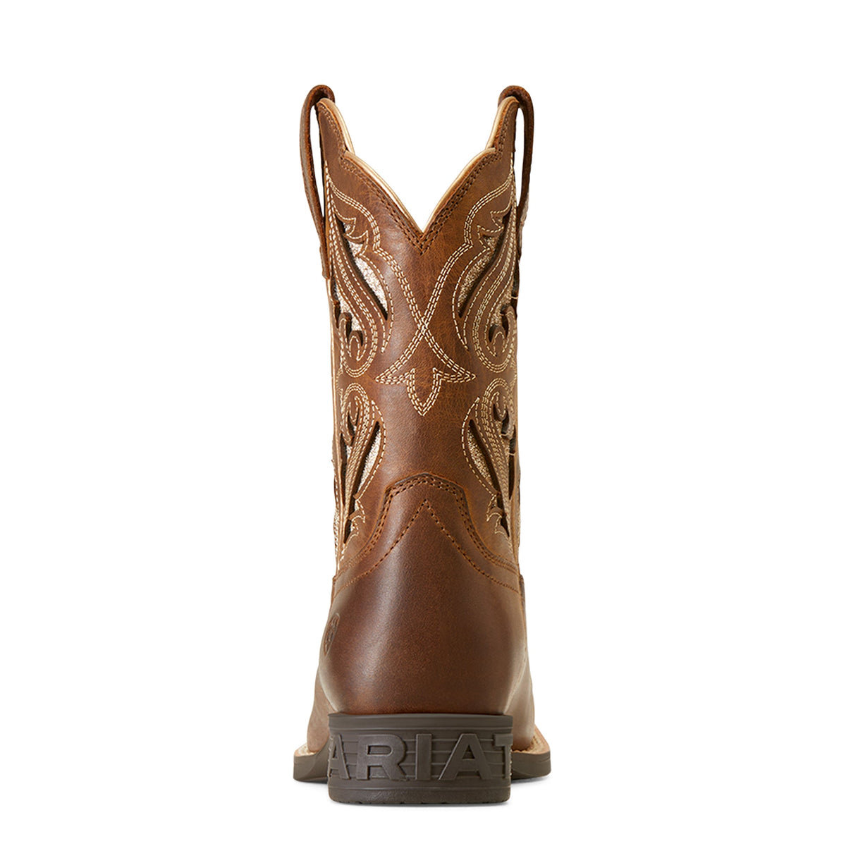Ariat kids western cowboy boot rear view showing decorative stitching and heel detail