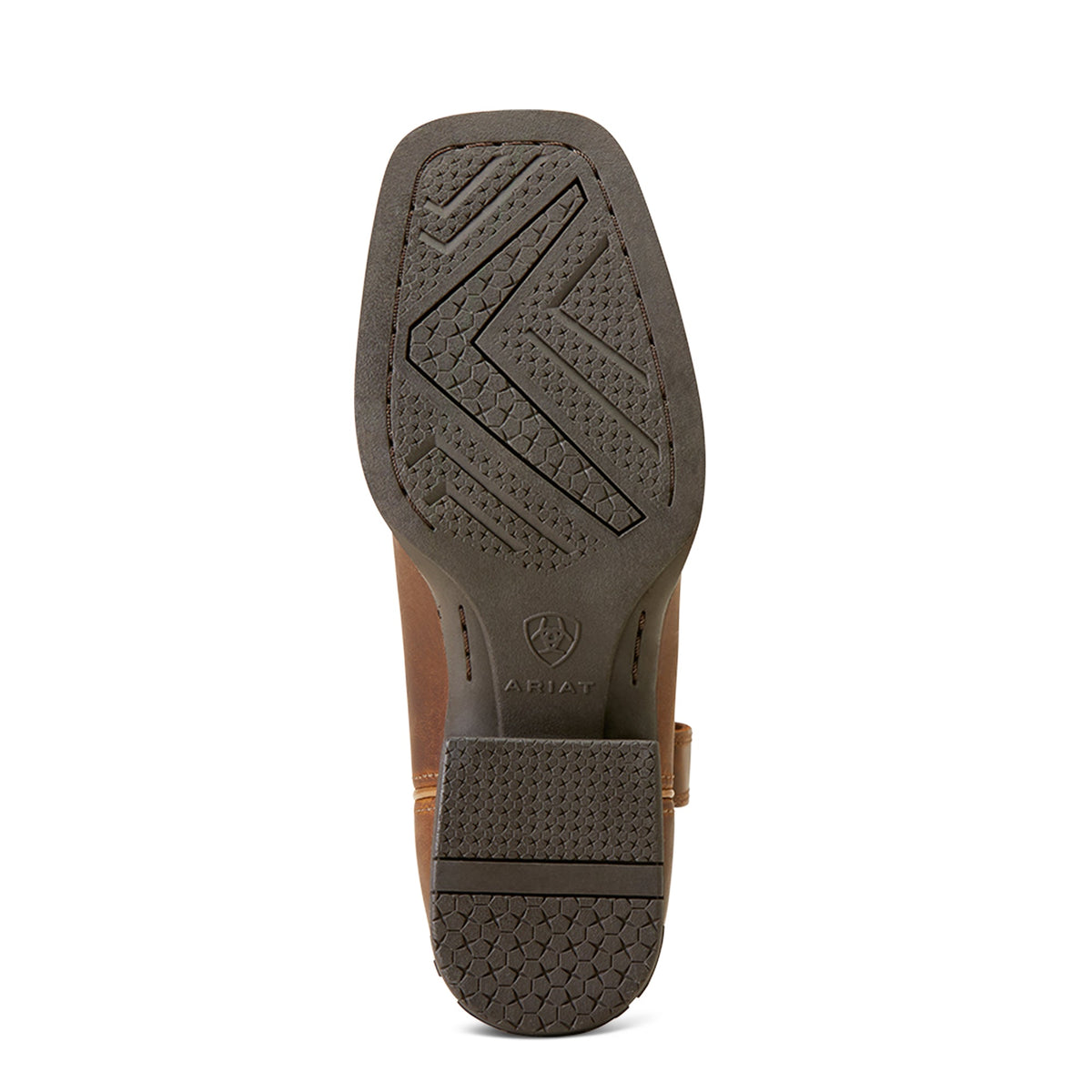 Bottom view of Ariat kids western boot showing chevron-patterned rubber outsole with heel