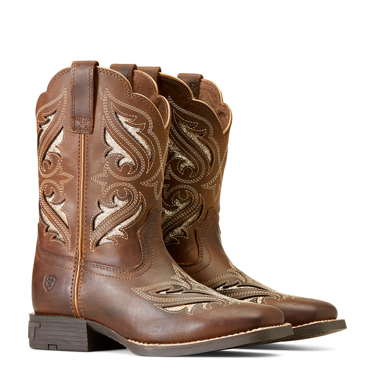 Ariat kids western cowboy boots in brown leather with decorative embroidery and pull tabs