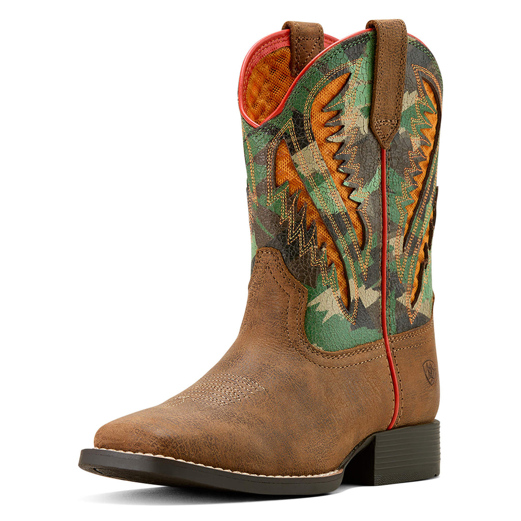 Ariat youth western cowboy boot with tan vamp and camouflage embroidered shaft