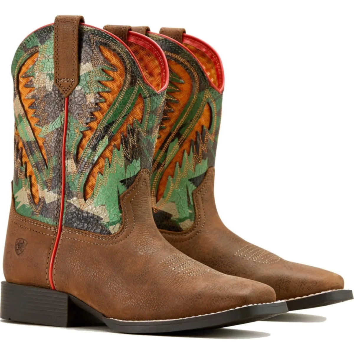 Ariat youth cowboy boots with tan leather foot and camouflage patterned shaft with orange accents