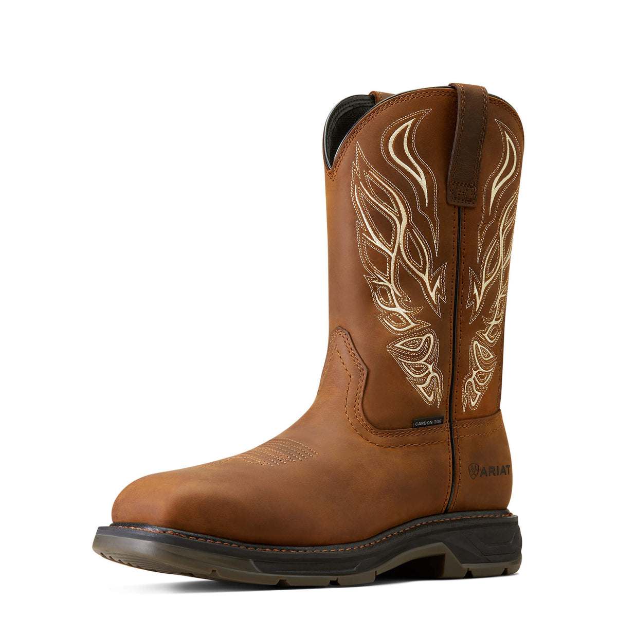 Ariat men's western work boot with carbon toe and decorative flame stitching on shaft