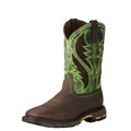 Ariat men's square toe western work boot with green embroidered shaft and brown leather foot