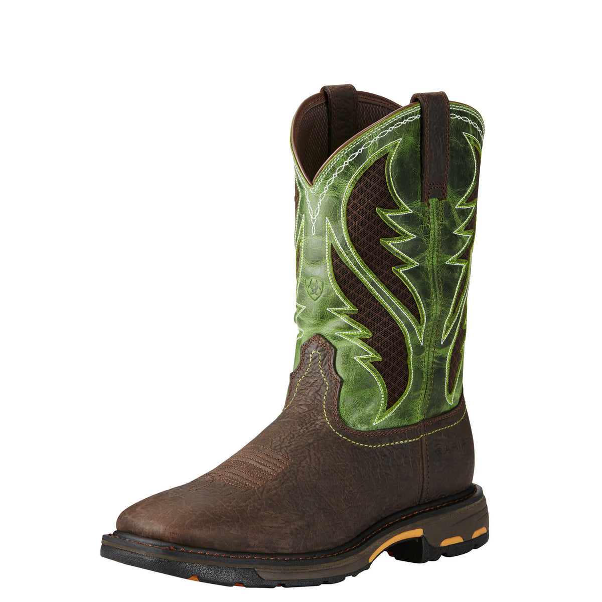 Ariat men's square toe western work boot with green embroidered shaft and brown leather foot