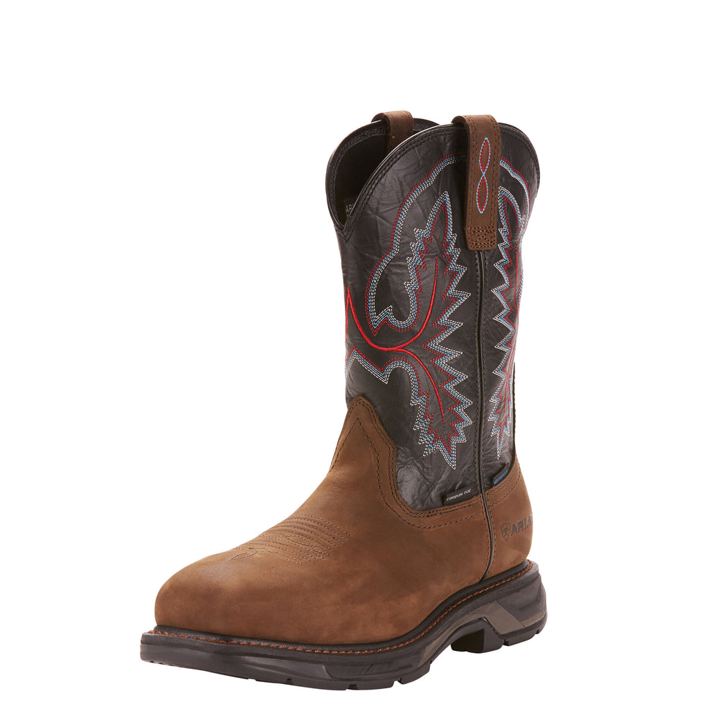 Ariat mens western work boot with carbon toe, brown foot and dark embroidered shaft