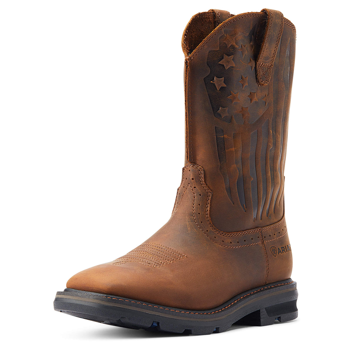 Ariat men's pull-on western work boot with embossed American flag shaft design