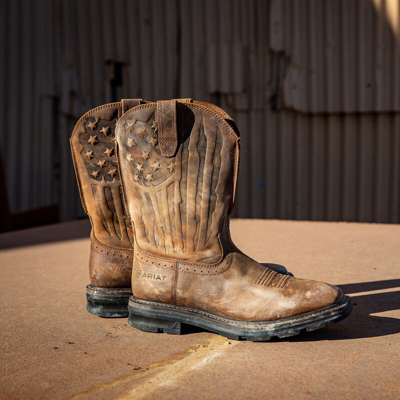 Ariat men's pull-on work boots with embossed American flag design on shaft
