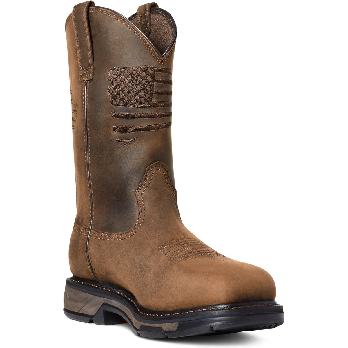 Ariat men's pull-on western work boot with embroidered American flag on shaft