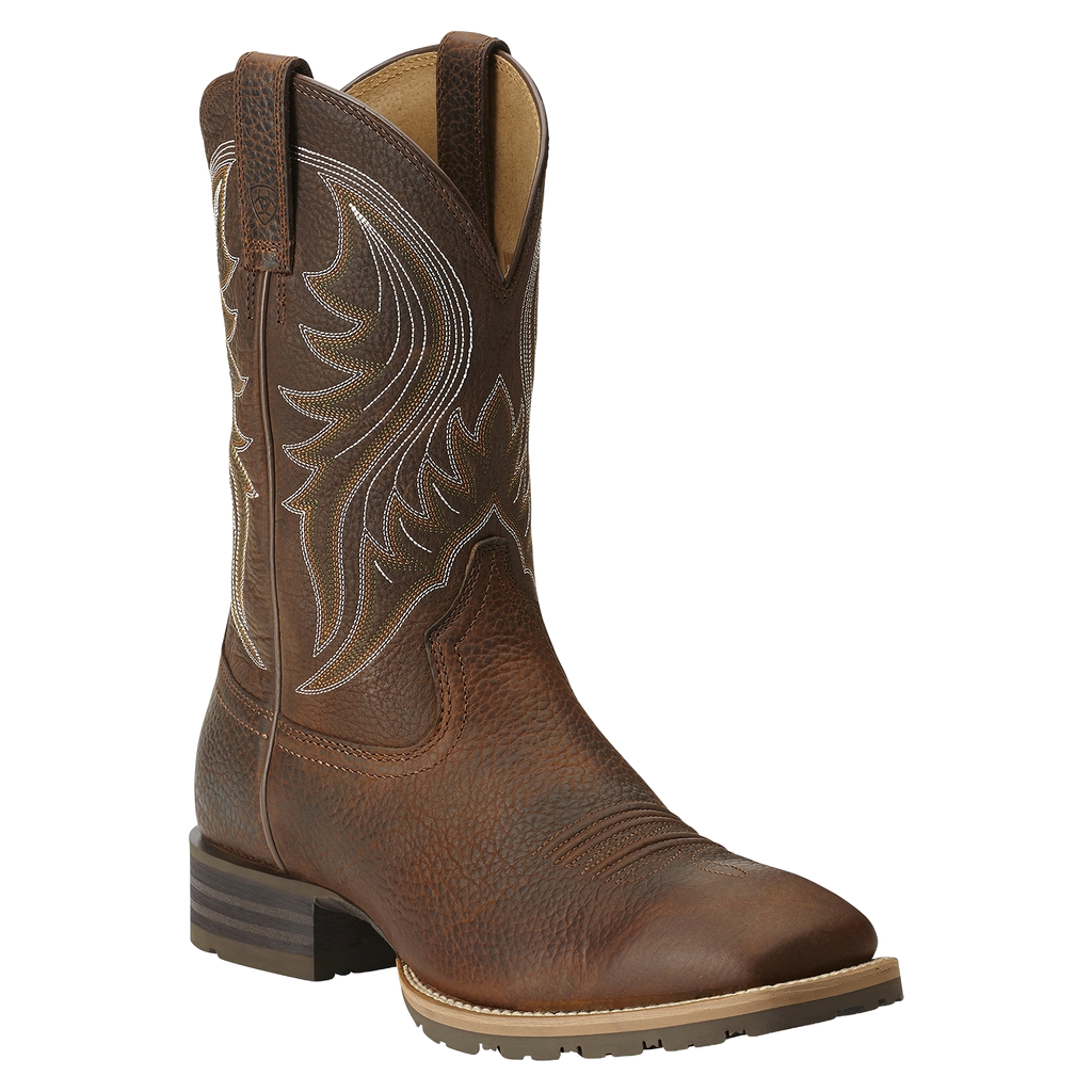 Ariat men's western cowboy boot with embroidered shaft and square toe on seamless background