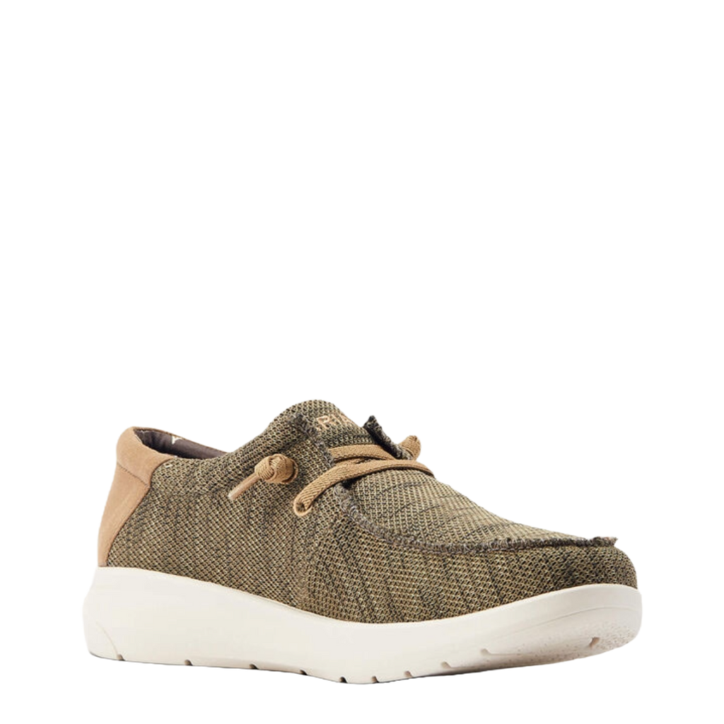 Ariat mens casual slip-on sneaker with knit upper, tan laces, and white sole
