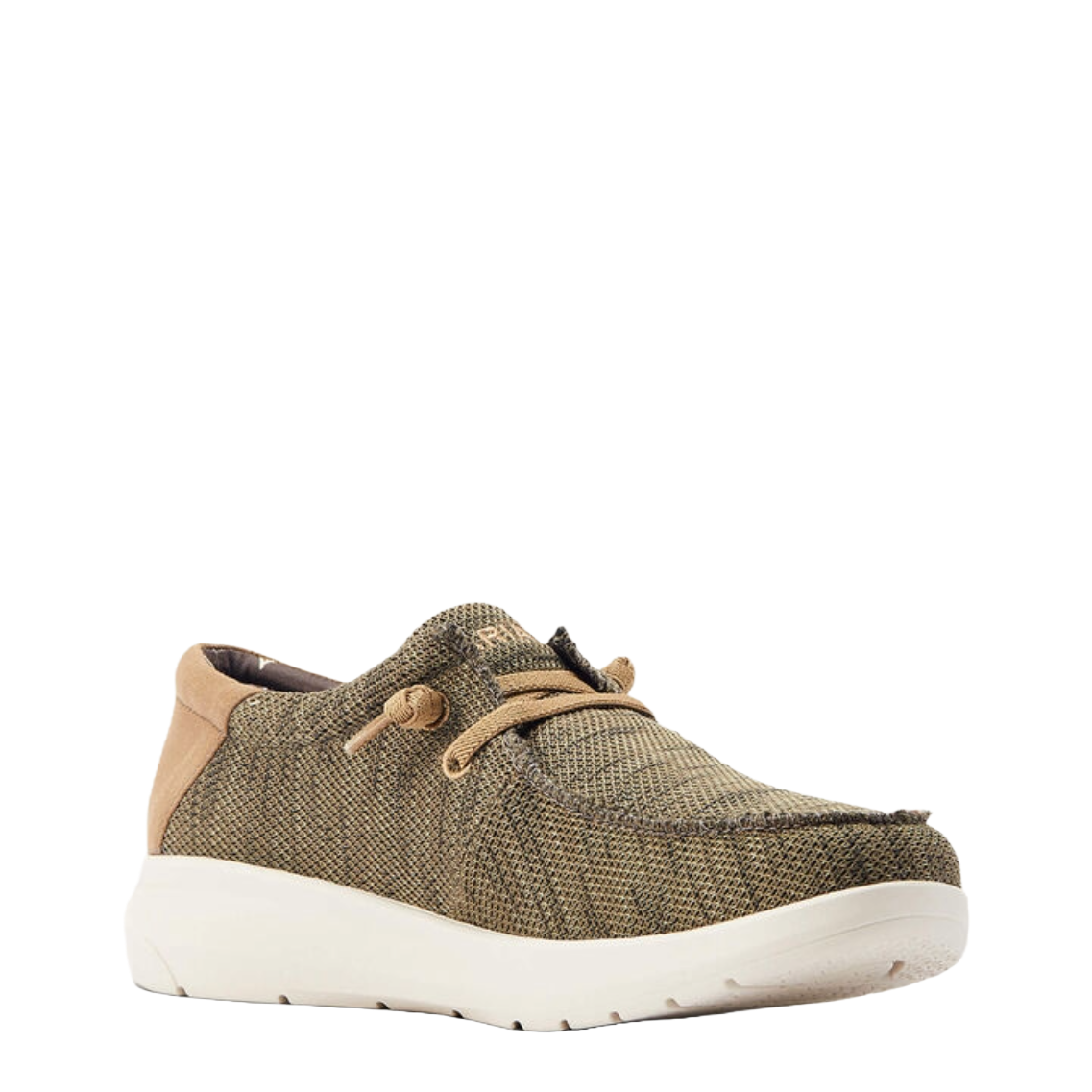 Ariat mens casual slip-on sneaker with knit upper, tan laces, and white sole
