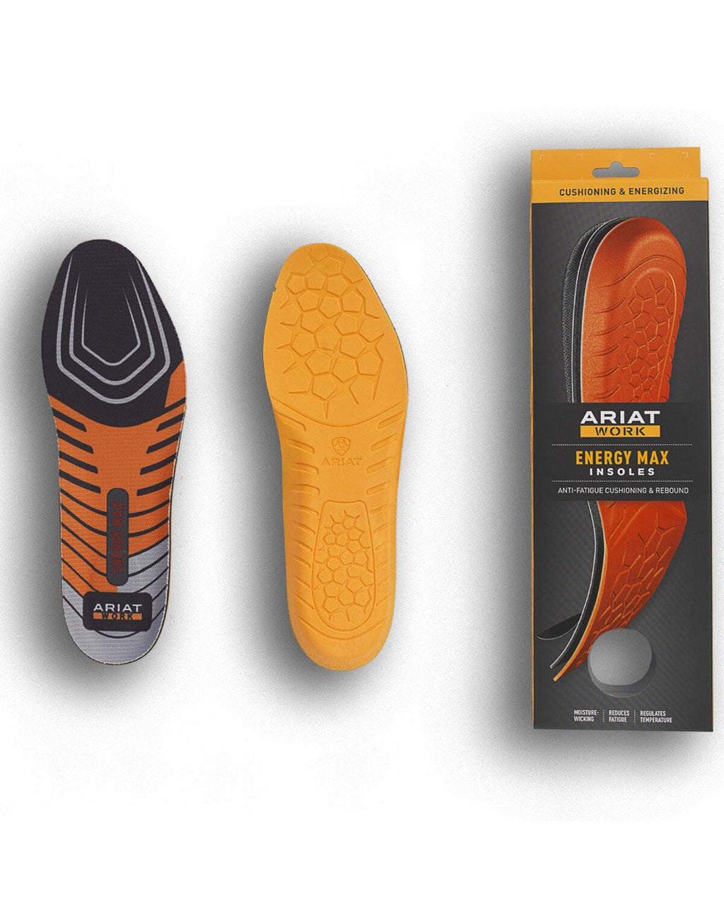 Ariat Work Energy Max insoles shown top and bottom view with retail packaging box