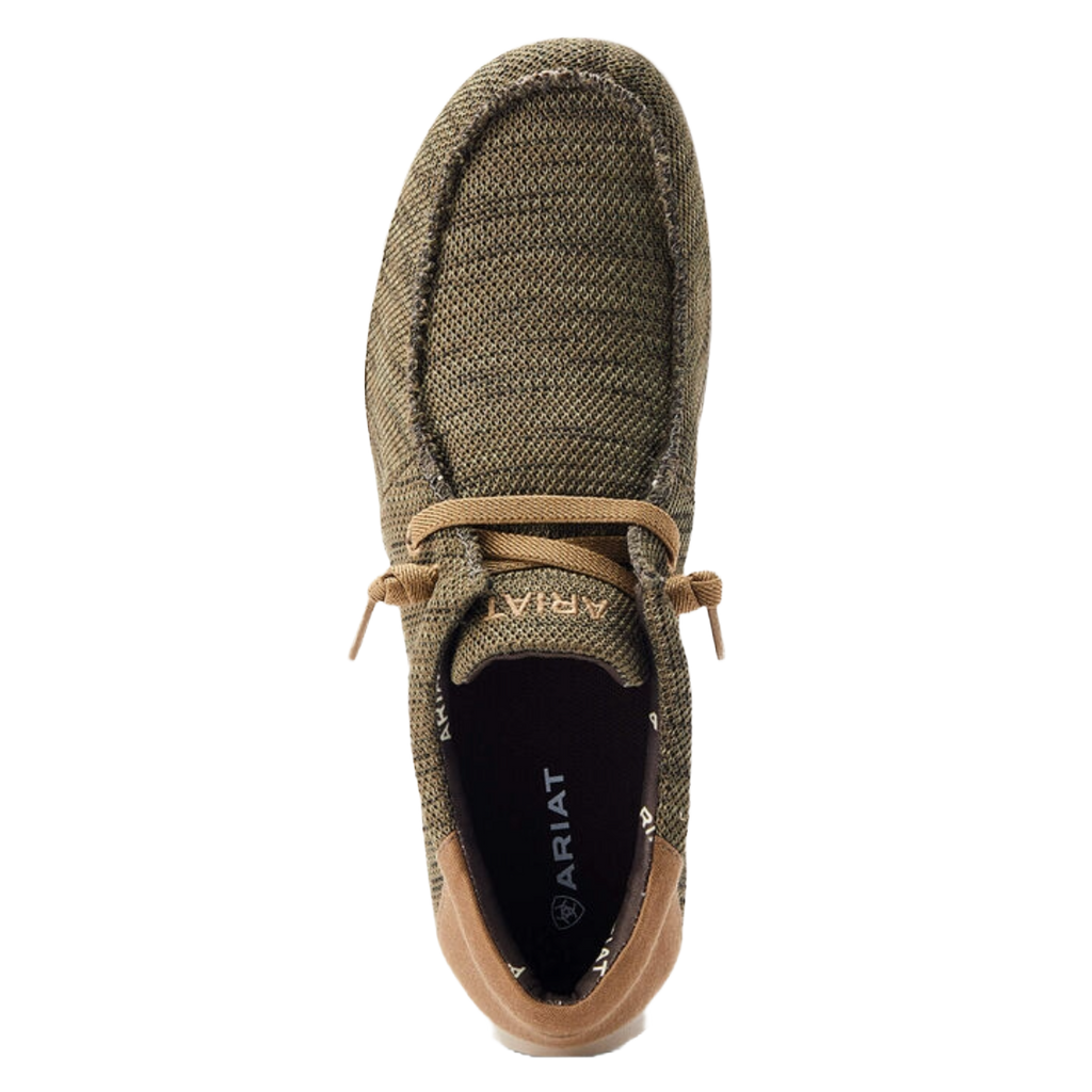 Top-down view of Ariat men's olive knit mesh lace-up casual moccasin shoe