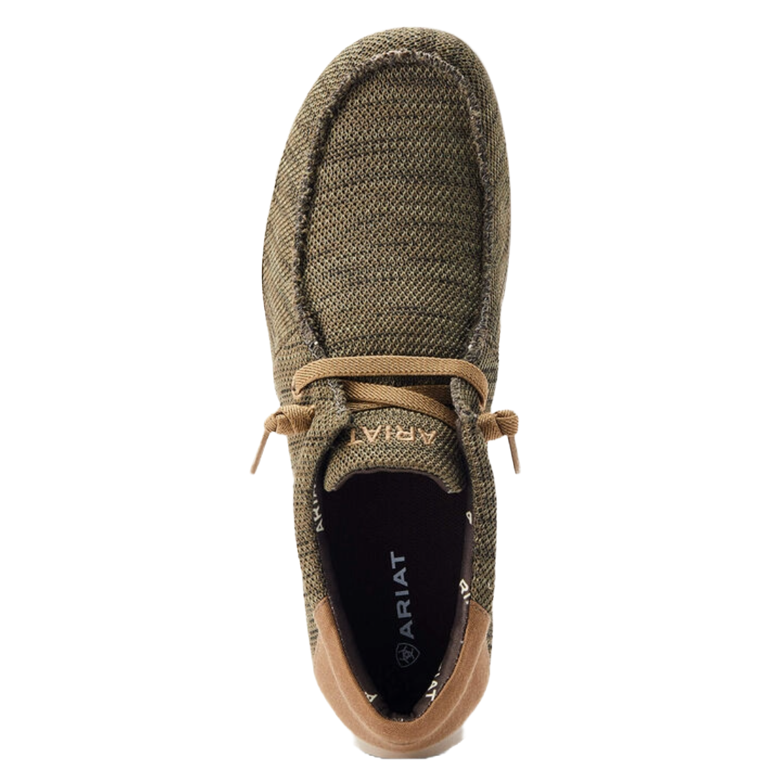 Top-down view of Ariat men's olive knit mesh lace-up casual moccasin shoe