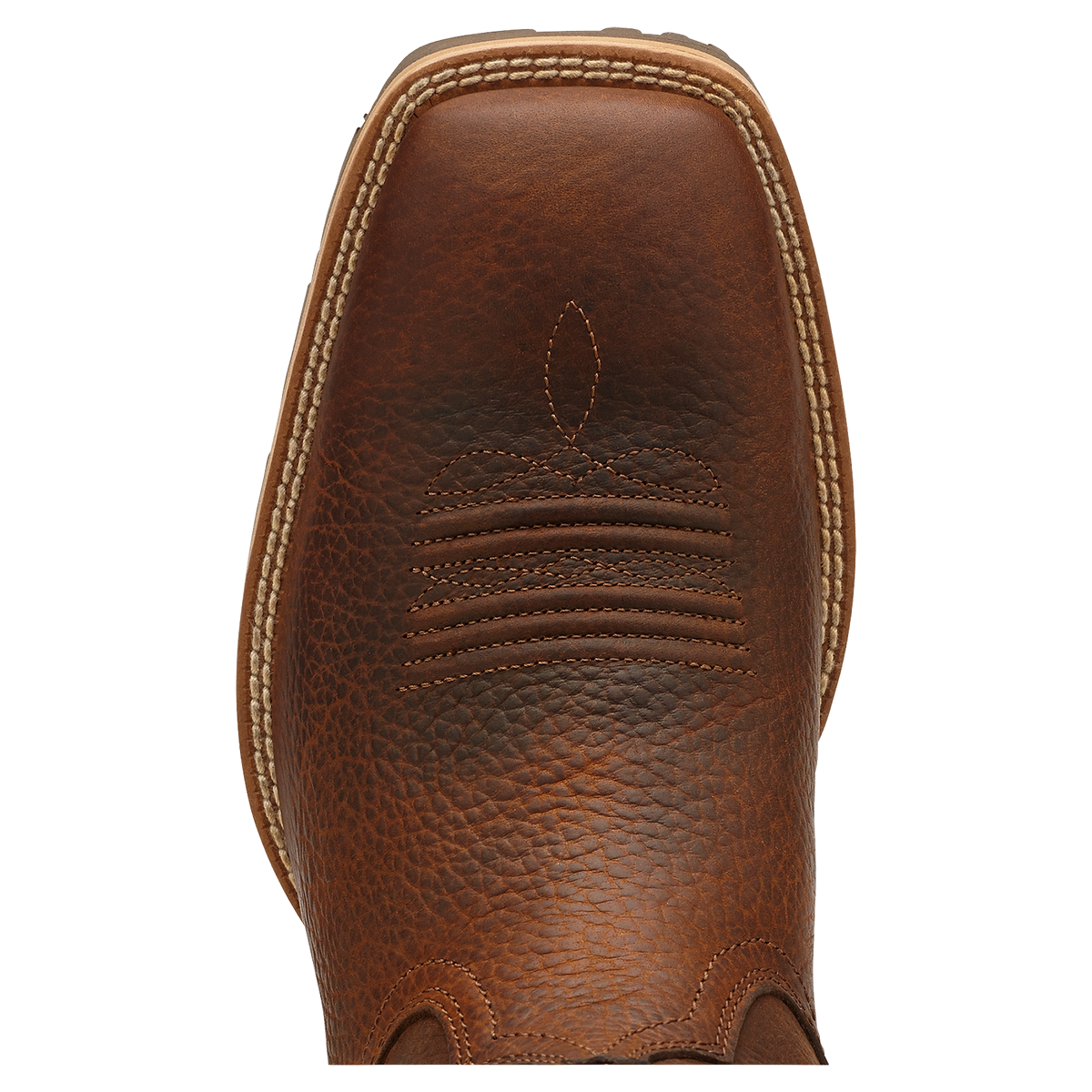 Close-up toe view of a men's western cowboy boot with decorative stitching detail