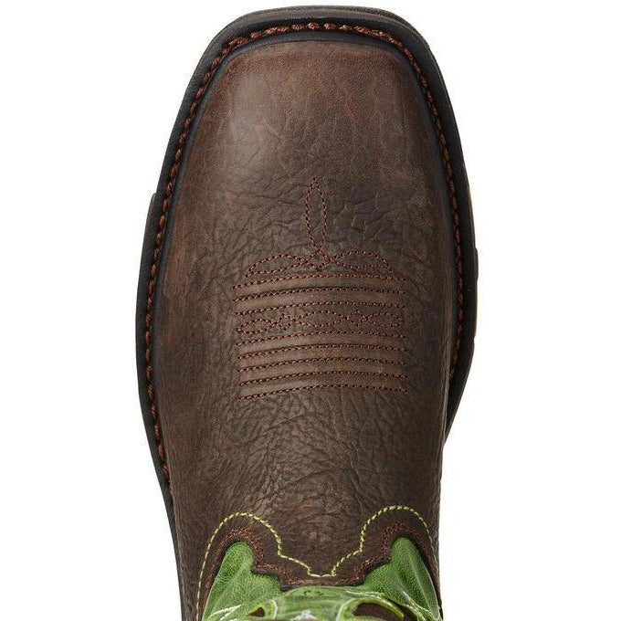 Top-down view of a square toe western work boot with decorative stitching