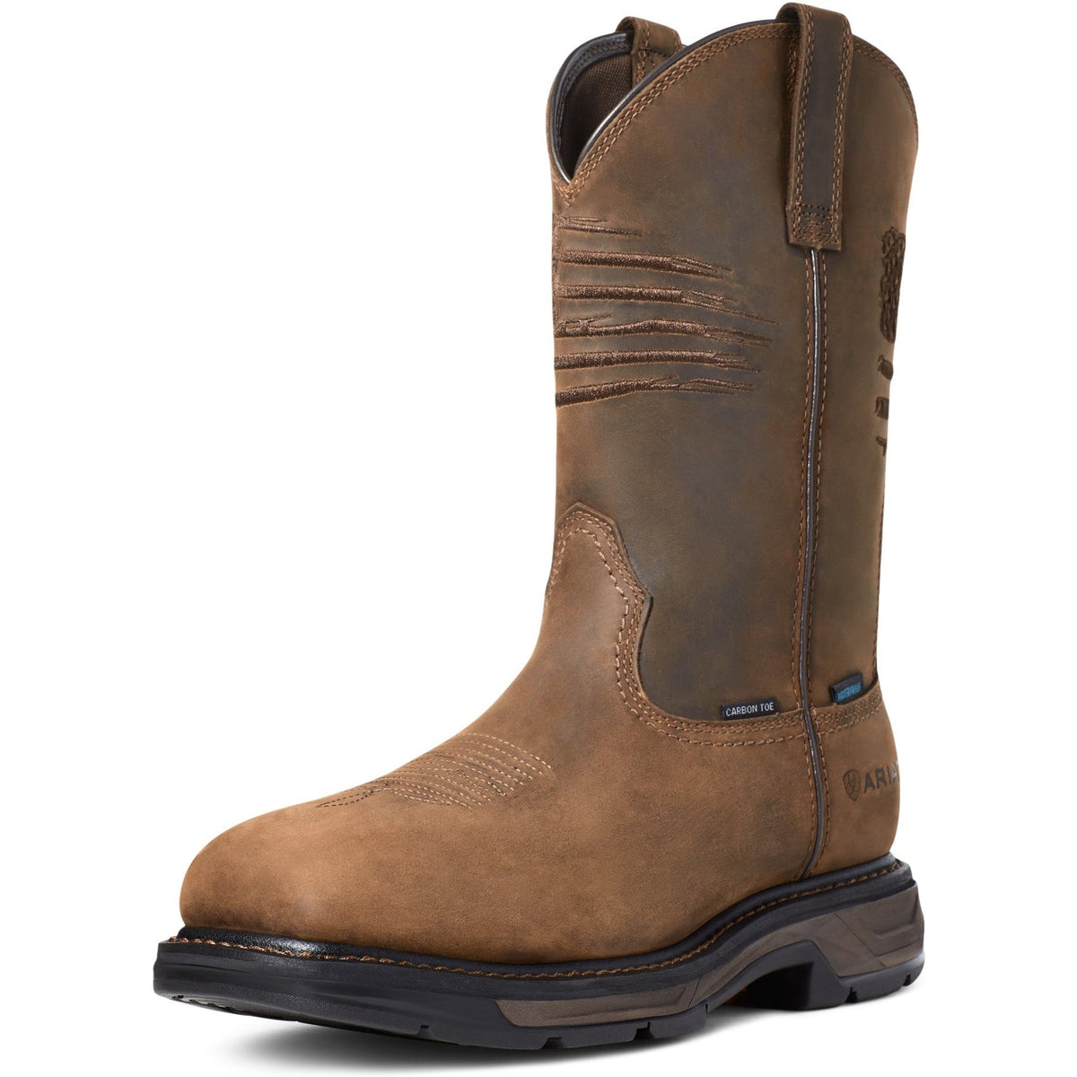 Ariat men's pull-on work boot with carbon toe, waterproof leather upper and decorative stitching
