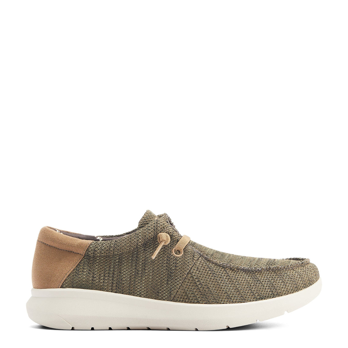 Men's casual slip-on knit sneaker with tan suede heel panel and white sole