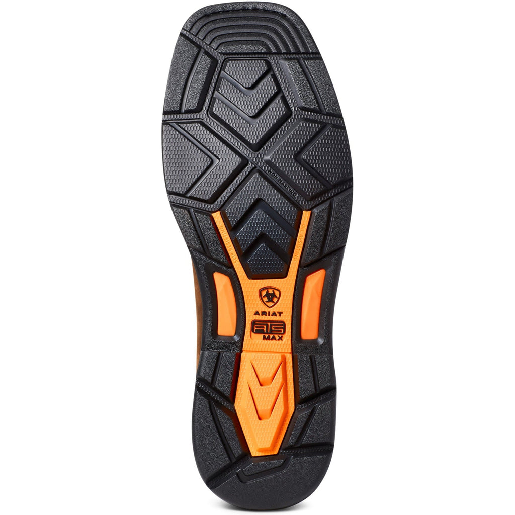 Bottom sole view of Ariat ATS Max work boot showing aggressive traction pattern