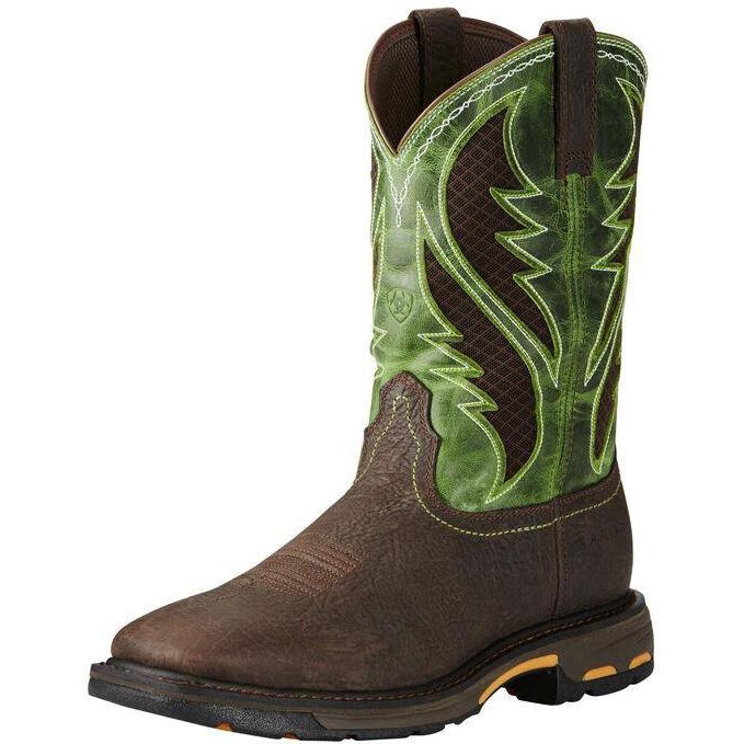 Ariat Workhog wide square toe western work boot with green embroidered shaft