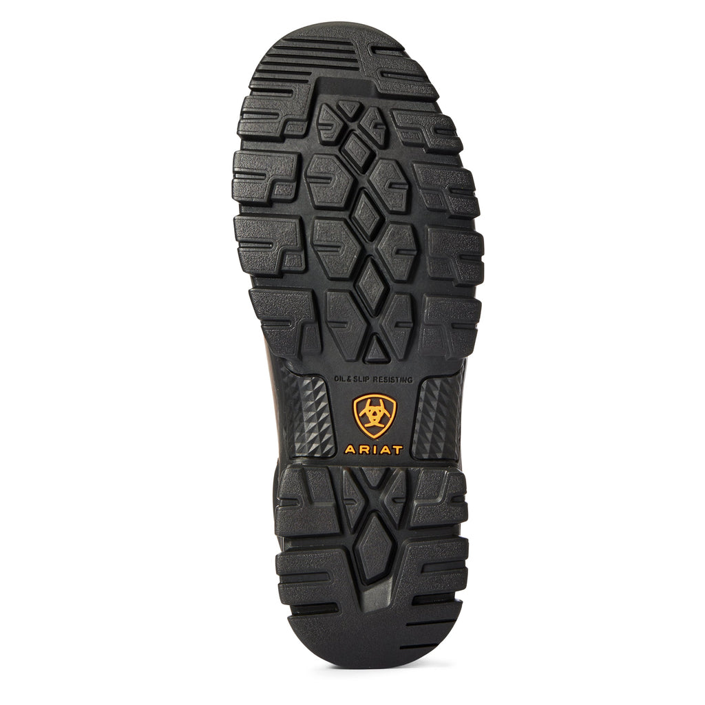 Bottom sole view of Ariat work boot showing oil and slip resistant tread pattern