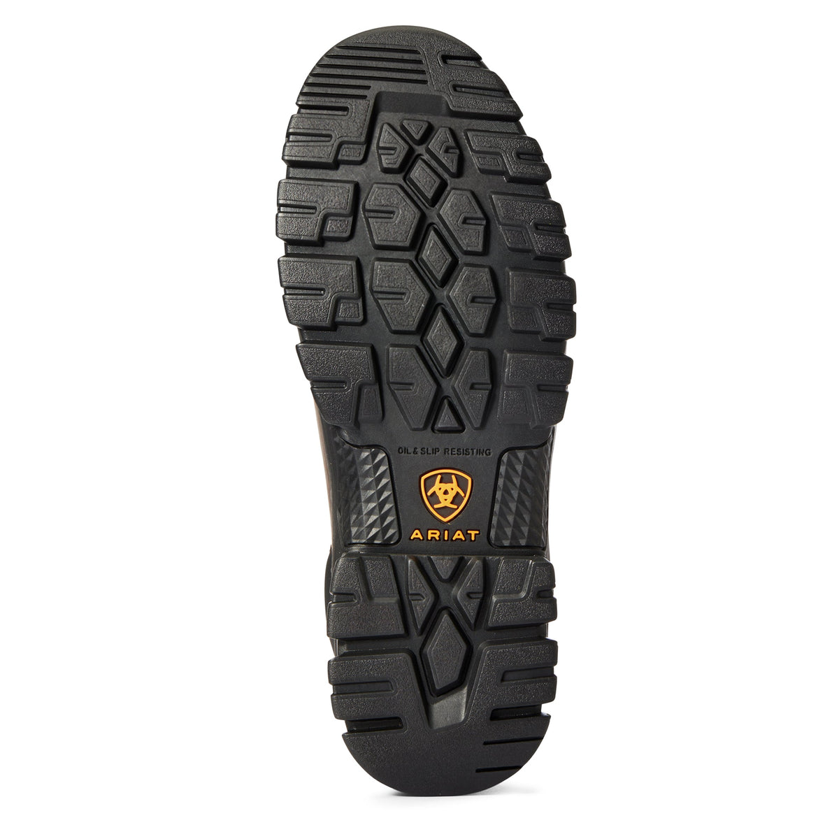 Bottom sole view of Ariat work boot showing oil and slip resistant tread pattern