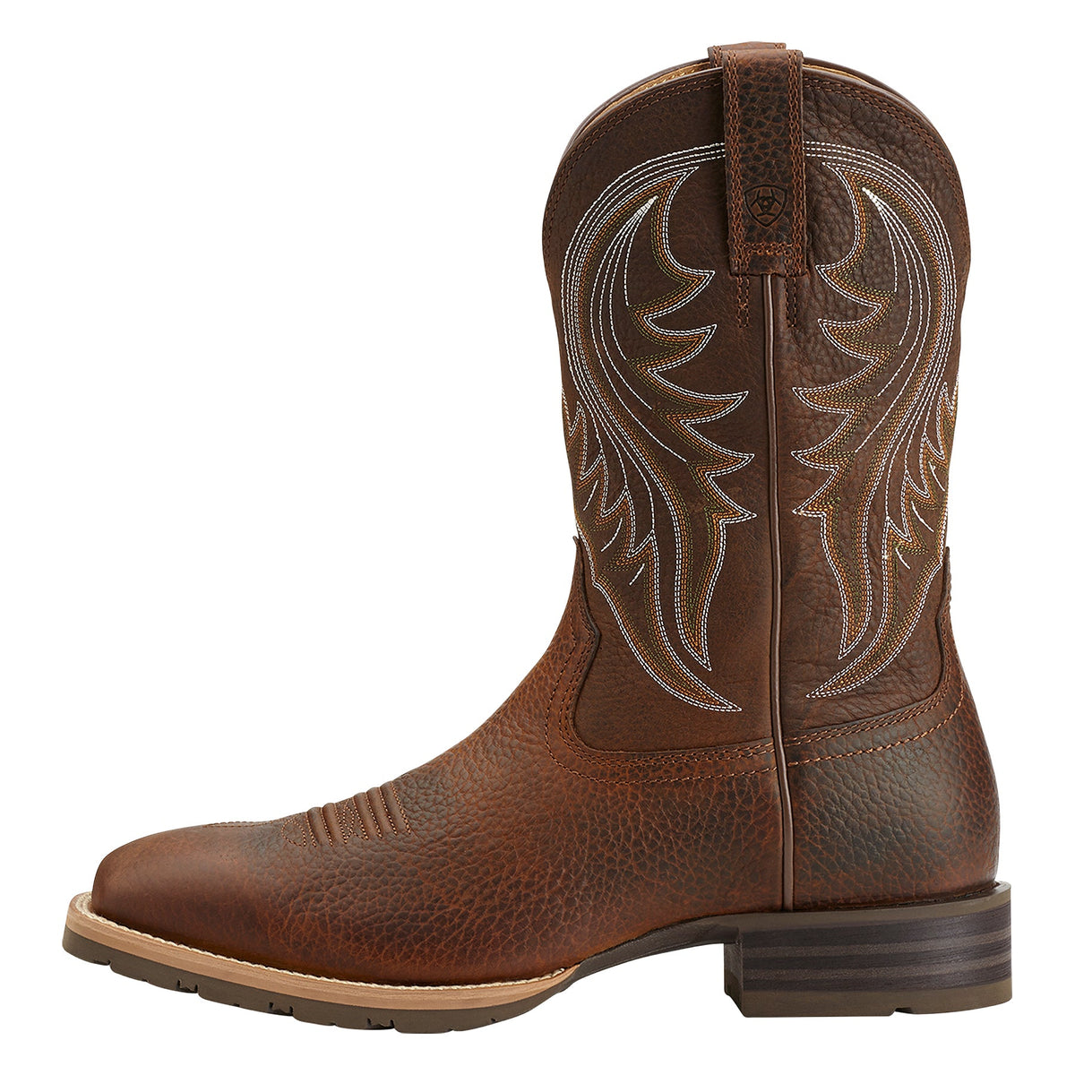 Ariat men's western cowboy boot with decorative stitching on tall shaft, side view