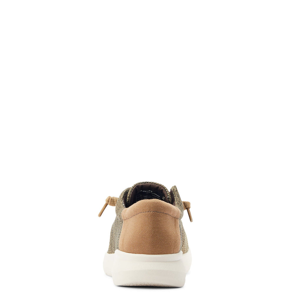Rear view of men's casual slip-on sneaker with canvas upper and white sole