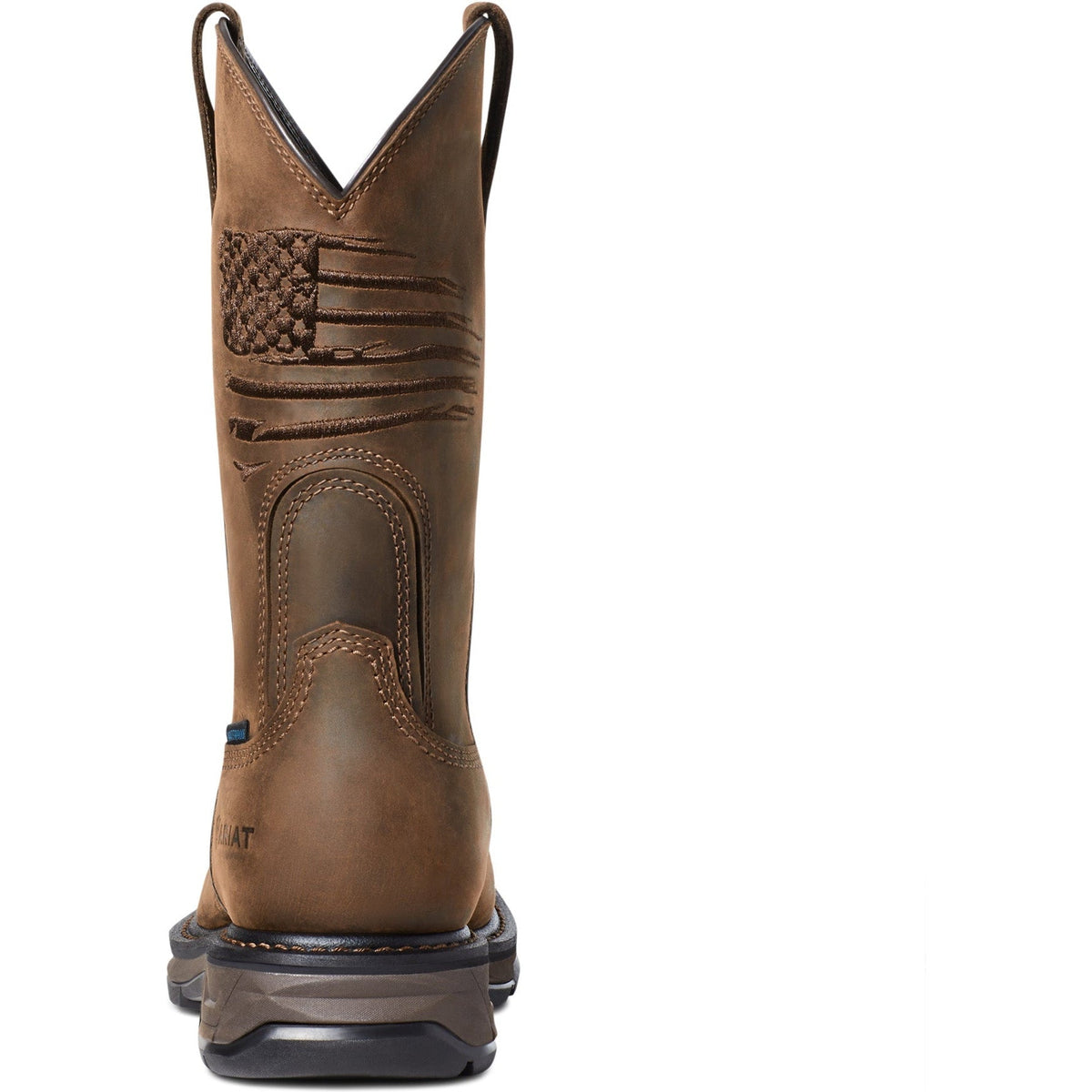 Rear view of Ariat men's waterproof composite toe work boot with embossed American flag