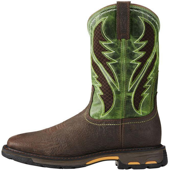 Ariat mens western work boot with brown leather vamp and green embroidered shaft