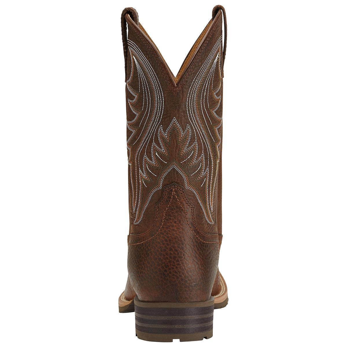 Ariat mens western cowboy boot rear view showing embroidered shaft and stacked heel
